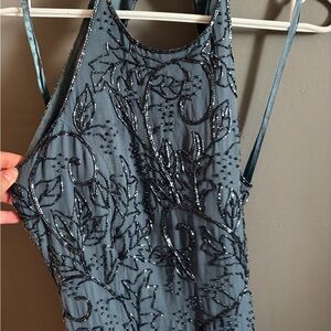 Vtg caché‎ 100 % silk maxi beaded backless gown dress dress wedding prom M fairy